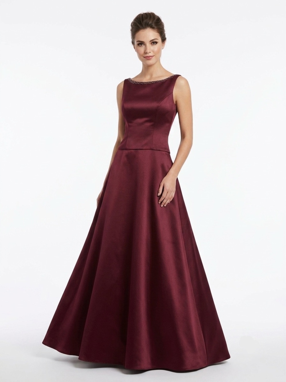 B2, Classic Sleeveless Satin Prom Gown in Burgundy - M